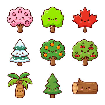 Smiling cartoon trees and leaves.