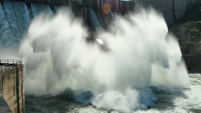 Powerful water flowing over concrete dam spillway with dramatic splash, mist, and motion creating energy flow in river landscape natural environment outdoors force cascade floodgate turbulence