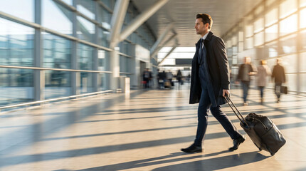 Fototapeta premium Confident businessman with luggage walking fast in a modern airport terminal with motion blur, corporate travel concept,