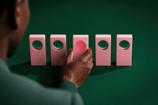 Hand pressing a pink button in a row of choice blocks on green background