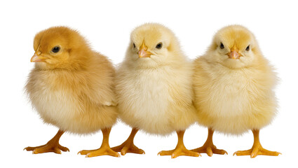 Three fluffy chicks one golden brown two yellow, standing © Anneliese