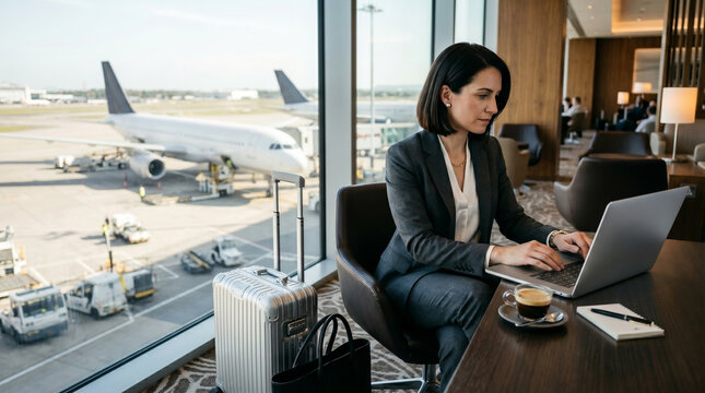 Focused businesswoman using laptop in airport VIP lounge with luggage, representing executive mobility and corporate travel,