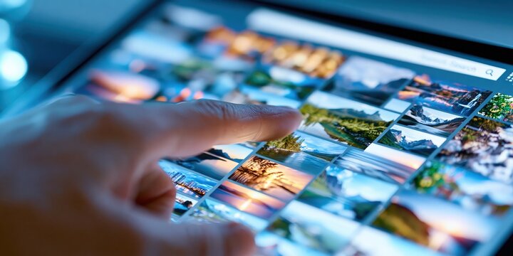 Hand Pointing at Stock Photo Search Screen on Digital Monitor. Concept of digital photography search, online image library and visual content browsing