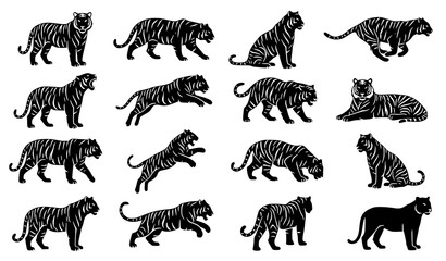 Tiger Silhouette Collection in Different Poses Vector Set © Shakib