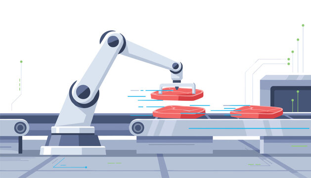 A robotic arm precisely places a piece of red meat onto a moving conveyor belt in a sterile modern food processing facility with blue lines.