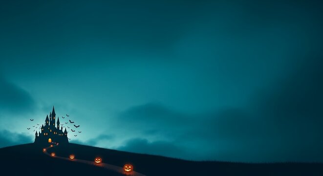 Dark moody halloween copy space background featuring a distant silhouette of a gothic castle under a stormy sky with glowing pumpkins halloween background