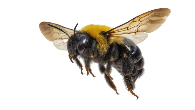 Fuzzy bumblebee with yellow thorax and black abdomen in flight