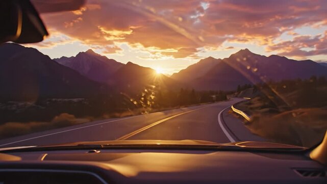 Sunset mountain road view through car windshield with reflections of sky and clouds creating warm glowing light and peaceful scenic travel landscape atmosphere