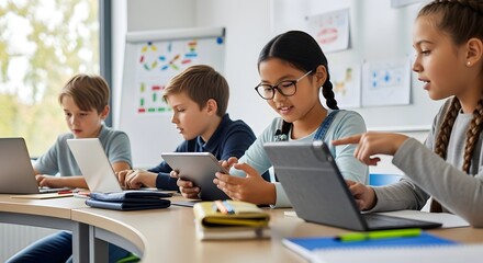 Fototapeta premium Multiethnic elementary students working together on touchscreen tablets in primary school classroom