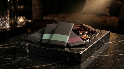 Fototapeta premium Stack of Premium Wrapped Chocolate Bars with Opened Gold Foil and Almonds