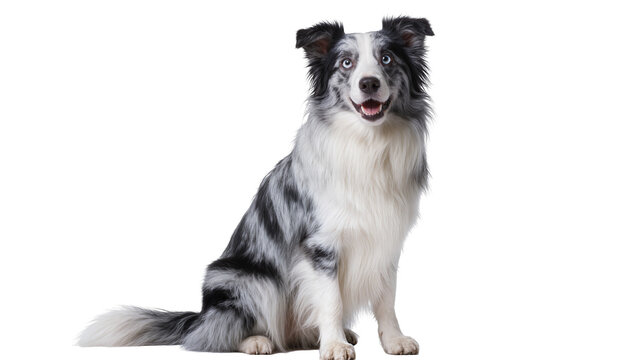 Merle Border Collie dog sitting with blue eyes and open mouth
