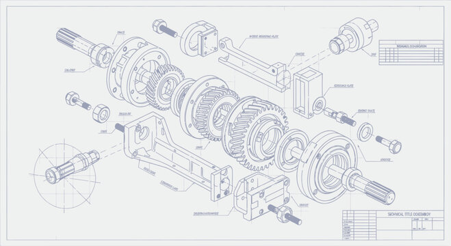 Detailed exploded view of a complex mechanical shaft assembly blueprint.