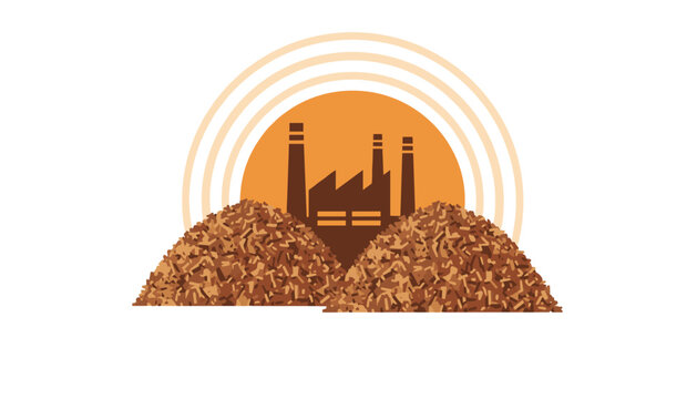 Two large mounds of small wood chips flank a central industrial factory silhouette set against a warm orange circular background design motif.