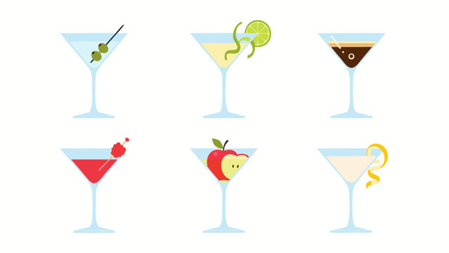 Collection of six martini glasses with various garnishes and drinks