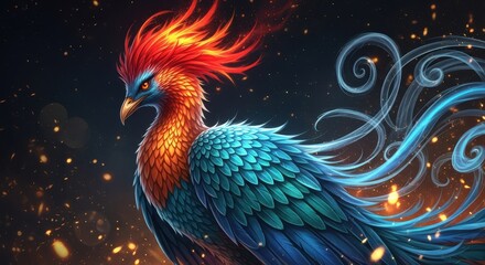 Fototapeta premium Majestic Phoenix Bird with Vibrant Blue and Fiery Orange Feathers in a Magical Cosmic Background Digital Art
