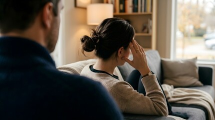 Fototapeta premium Couple in deep conversation on a comfortable living room sofa, sharing an emotional moment