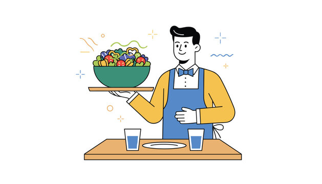 A polite waiter wearing a blue apron holds a tray with a large bowl of fresh salad in a clean and minimalist dining area with two glasses.
