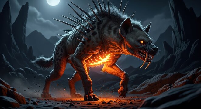 Fierce Fantasy Monster Hyena with Glowing Chest and Spikes in Dark Moonlit Rocky Landscape Digital Art Illustration