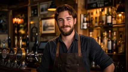 Fototapeta premium upper. Professional bartender in pub environment, upper body shot with beer tap background. bar promotions, beverage menus, designed for food & beverage menus and cafe branding.