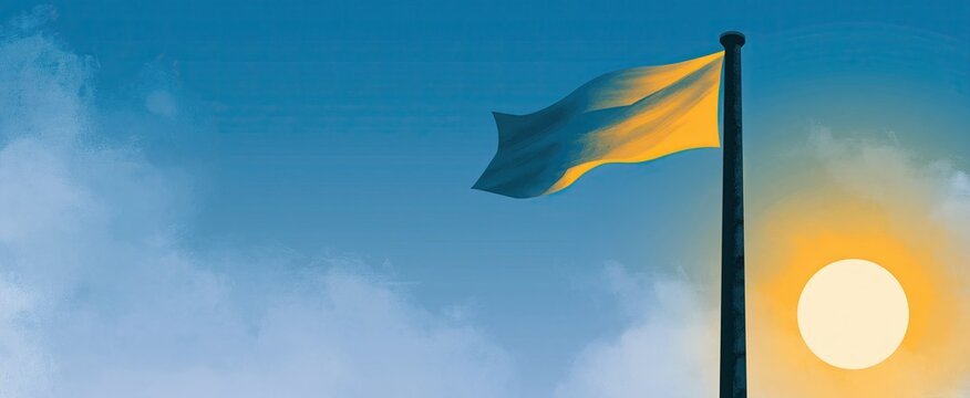 Bright sunny sky background with a fluttering flag atop a tall flagpole symbolizing national pride.