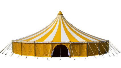 Large yellow and white striped circus tent with open entrance © Anneliese