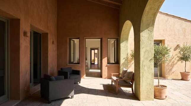 Mediterranean courtyard house with shaded loggia and terracotta cooling