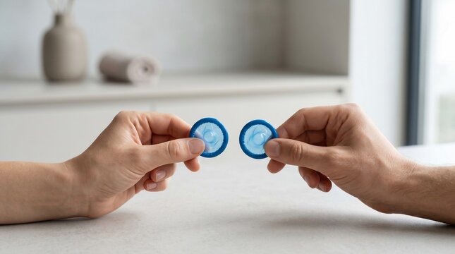 Couple holding blue condoms together for safe sex protection and contraception awareness in a bright minimalist home setting