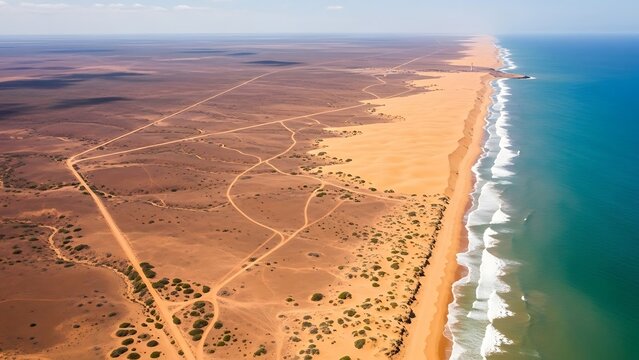 Aerial view of desert river delta landscape.