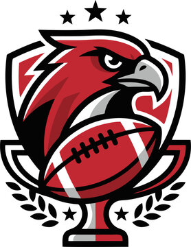 American football championship emblem with red eagle mascot and trophy