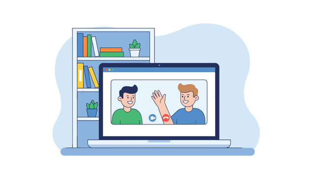 A laptop screen showing a video call between two people is placed next to a bookshelf with colorful books on a clean white studio background.