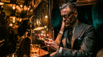 Obraz premium Sophisticated Businessman in Vintage Luxury Train Compartment with Pocket Watch and Whiskey, Cinematic Noir Travel Scene of Mystery, Anticipation and Timeless Elegance