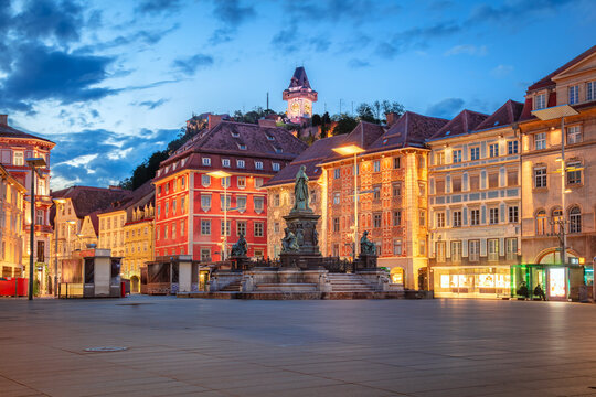 Graz, Austria. Cityscape image of Main Square (Hauptplatz) of Graz, Austria with the Clock Tower at twilight blue hour.