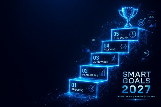 Digital glowing steps showing business growth with winning trophy icon. new fiscal year strategy business progress achievement strategy planning. new fiscal year strategy