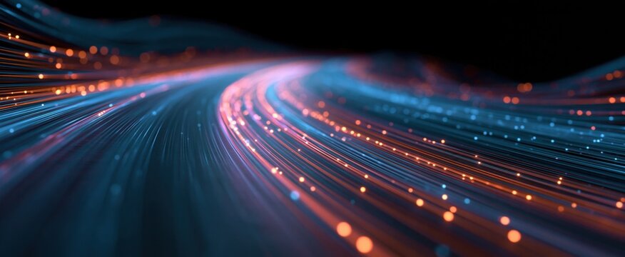 Endless digital data waves in cyberspace with radiant qubit trails and cutting-edge tech vibe