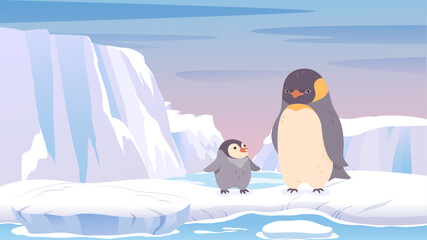 Obraz premium Arctic penguin family on ice floe with towering icebergs in polar ocean. Mother and baby penguins surrounded by glaciers in frozen Antarctic landscape.