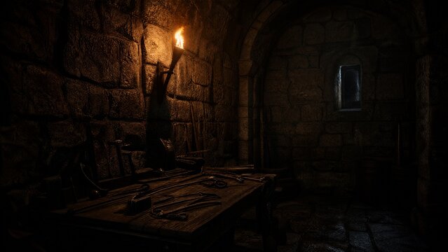 blacksmith. An empty stone chamber with torchlight on ancient metal tools, dramatic shadows. real-estate listings.