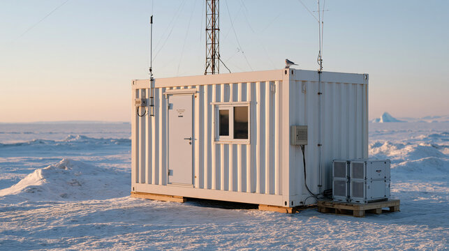 Empty isolated arctic relay station houses quantum cryptography network security infrastructure connecting intercontinental fiber routes, rack-mounted quantum random number