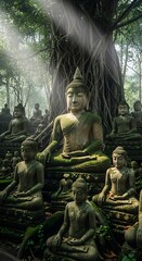 Obraz premium Ancient stone statue in mystical forest clearing.