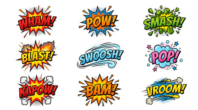 Vibrant comic book sound effect vector graphic set featuring colorful explosion bubbles with halftone patterns for dynamic action scene designs