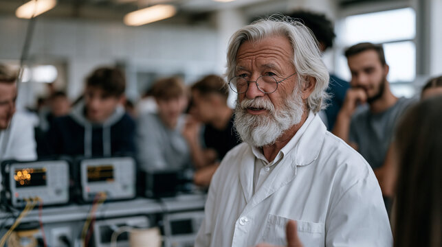 Elderly professor demonstrates quantum key distribution principles to a seminar group in a university physics building, fiber-optic spool and beam-splitter apparatus arranged on a