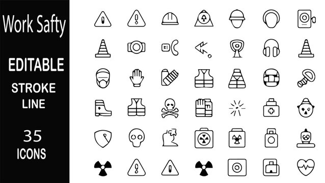 Work Safety Icon Set: A collection of 35 editable stroke line icons representing various aspects of work safety, including hazard symbols, protective gear, and warning signs.