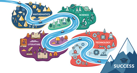 Fototapeta premium Visual representation of a student's success journey through education and personal growth depicted with colorful themed sections