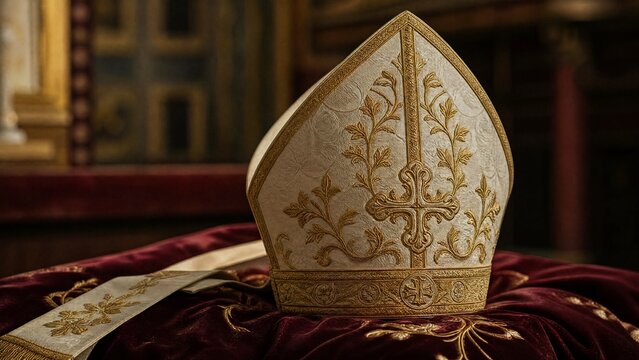 mitre. A tall ceremonial bishop's mitre with intricate gold embroidery rests on a rich velvet cloth. event programs, museum guides, designed for cultural heritage projects and event programs.