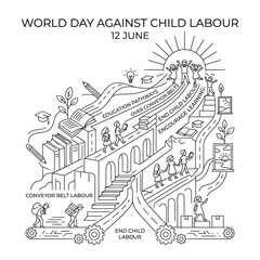 Naklejka premium World day against child labour, 12 june. children moving from conveyor belts to education.