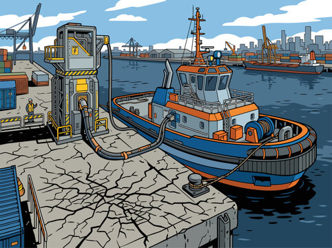 An electric tugboat charges at a modern port station. A vibrant scene showcasing sustainable maritime technology and a bustling harbor.  Clear composition, bright colors.