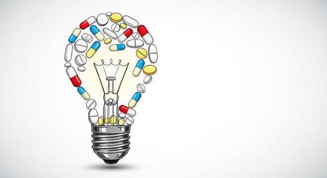 Healthcare policy reform innovation lightbulb formed from pills and capsule shapes conveying medical idea and system change with hopeful tone