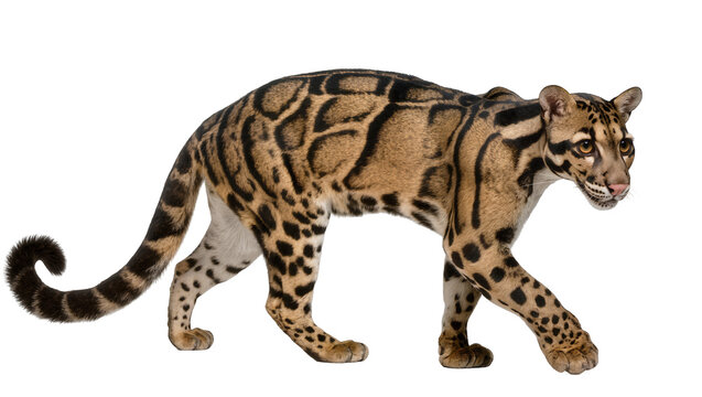 Clouded leopard walking with distinctive cloud-like markings