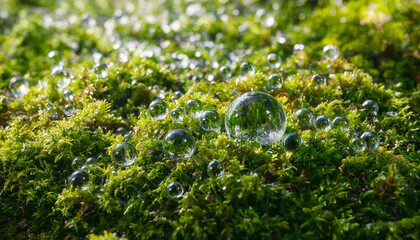 Vibrant green moss covered in clear water droplets reflecting light in a damp forest environment during a bright sunny morning outdoors © mama