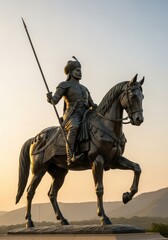 Fototapeta premium Majestic Bronze Equestrian Statue of Maharana Pratap on Chetak Against a Golden Sunset Sky in Rajasthan, India
