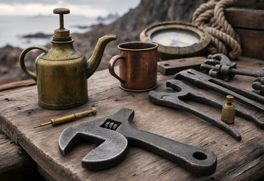 Vintage brass oil can, copper mug, and heavy iron tools arranged on a weathered wooden workbench near a rocky coastal shoreline scene